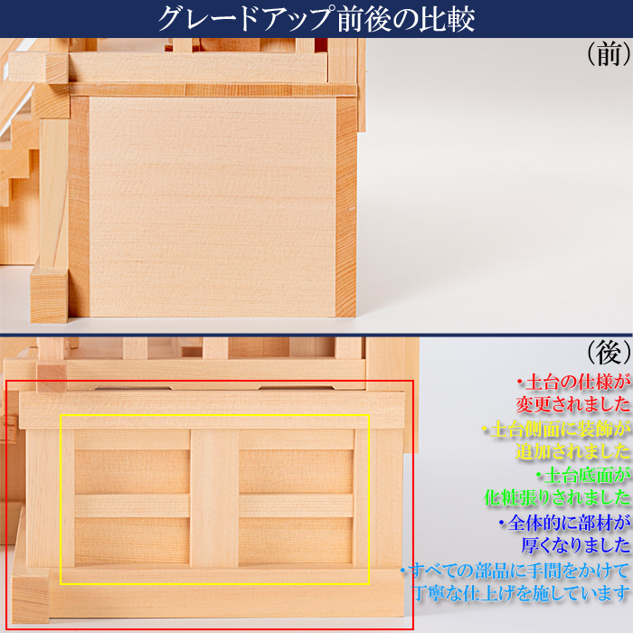 神棚 板葺三社宮 通し屋根 中 低〈I-7'〉 グレードアップ前後比較