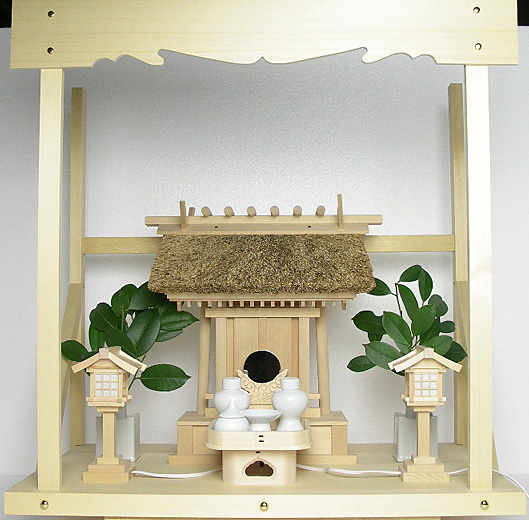 神棚 茅葺一社宮 神路型〈K-14〉+神具セット（ハーフ・小）+神棚板+雲板（中）のセット