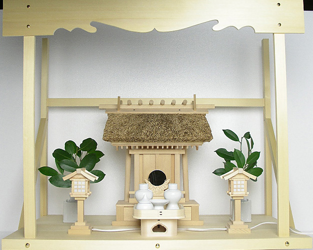 神棚 茅葺一社宮 神路型〈K-14〉+神具セット（ハーフ・小）+神棚板+雲板（大）のセット