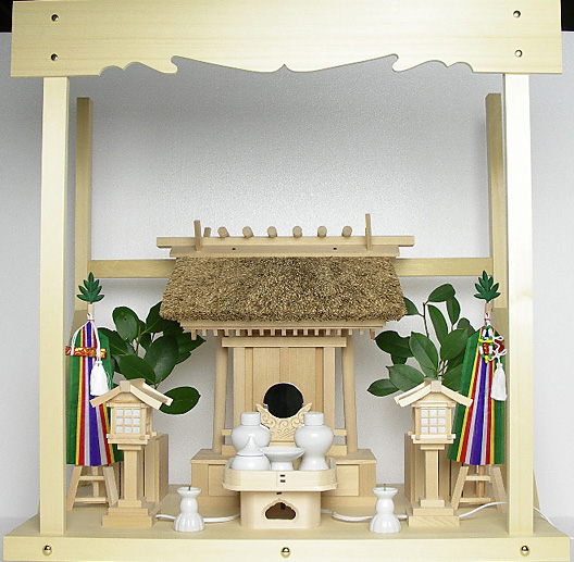 神棚 茅葺一社宮 神路型〈K-14〉+神具セット（フル・小）+神棚板+雲板（中）のセット