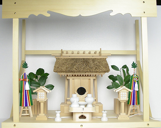 神棚 茅葺一社宮 神路型〈K-14〉+神具セット（フル・小）+神棚板+雲板（大）のセット