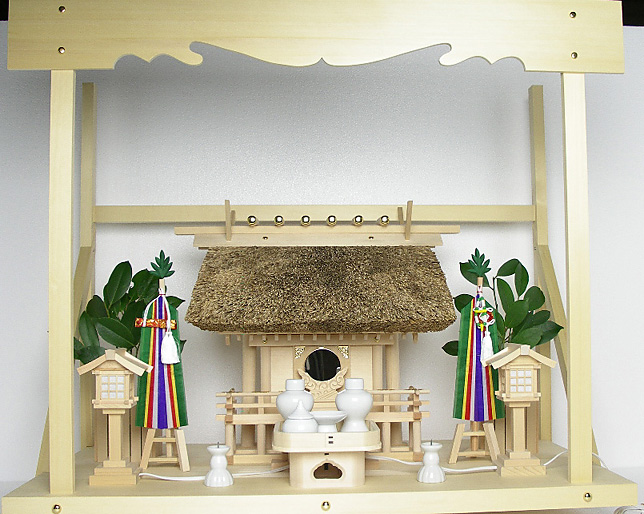 神棚 茅葺一社宮〈K-3〉+神具セット（フル・小）+神棚板+雲板（大）のセット