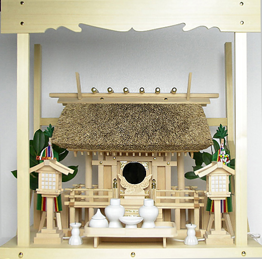 神棚 茅葺一社宮 A型 中〈K-8〉+神具セット（フル・中）+神棚板+雲板（中）のセット