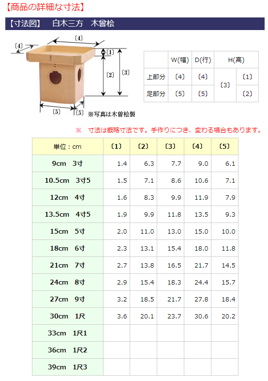 【寸法図】白木三方 木曽桧