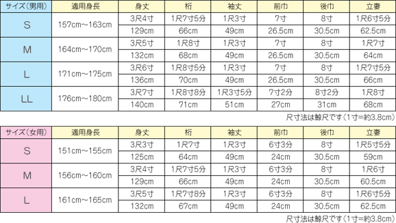 男性用 S 身丈（cm）129 身桁（cm）66 袖丈（cm）49 前幅（cm）26.5 後幅（cm）30.5 立妻（cm）62.5