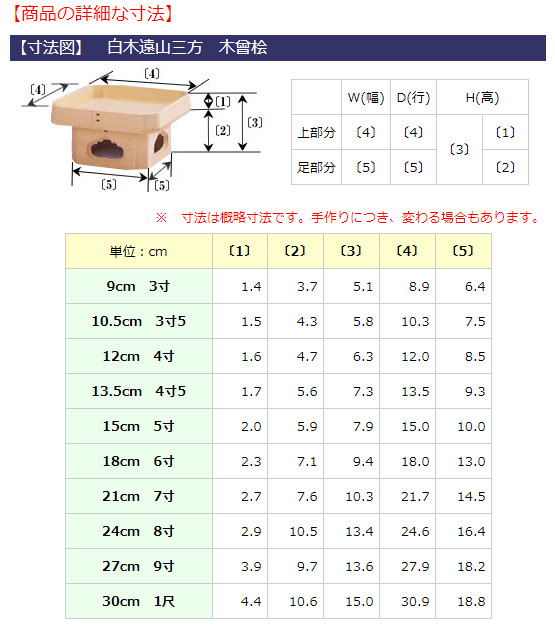 【寸法図】白木遠山三方 木曽桧