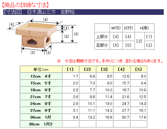 【寸法図】白木遠山三方 吉野桧